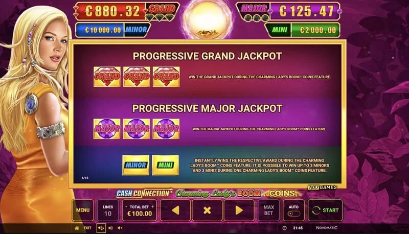 Cash Connection - Charming Lady's Boom Coins - tabela e Jackpoteve Mini, Minor, Major dhe Grand